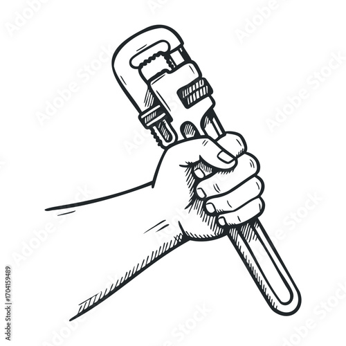 Wrench in hand plumbing fix workshop indoor diy project. Vector illustration