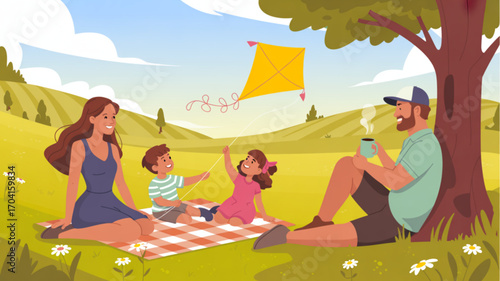 Family picnic outdoors with kite flying in park happy family enjoying summer vacation together vector