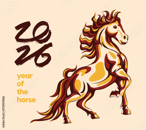 2026 Year of the Horse illustration in traditional Asian style, perfect for Lunar New Year designs, decorations, prints, and festive zodiac themes.