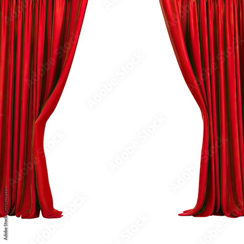 Red theater curtains open wide, revealing a dark stage