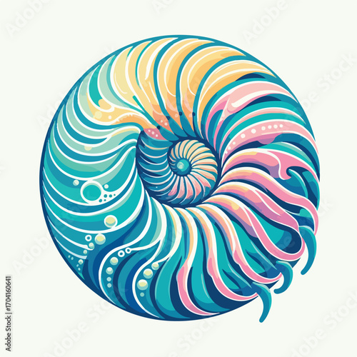 Vibrant Nautilus Shell Swirling Ocean 