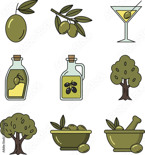 Vector art of olive and olive products icons in vector format on a transparent background