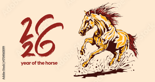 2026 Year of the Horse illustration in traditional Asian style, perfect for Lunar New Year designs, decorations, prints, and festive zodiac themes.