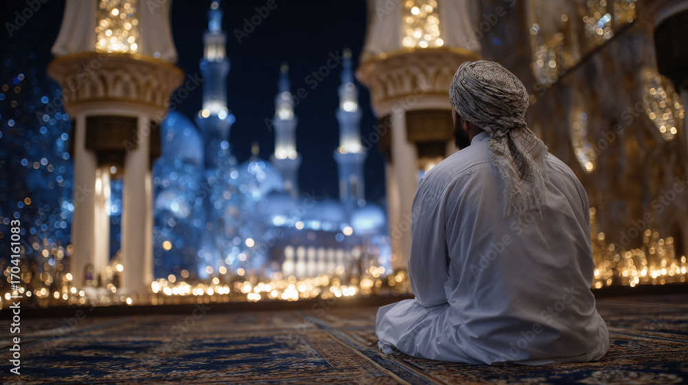custom made wallpaper toronto digitalSerene scene of Muslim man in traditional attire sitting on mosque carpet, grand arches and chandeliers towering above, atmosphere of peace and devotion