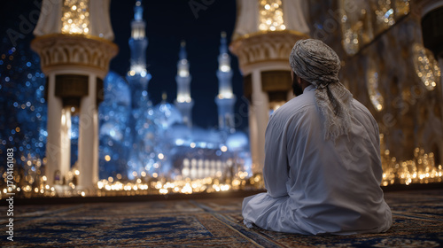 Wallpaper Mural Serene scene of Muslim man in traditional attire sitting on mosque carpet, grand arches and chandeliers towering above, atmosphere of peace and devotion Torontodigital.ca