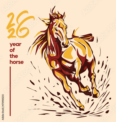 2026 Year of the Horse illustration in traditional Asian style, perfect for Lunar New Year designs, decorations, prints, and festive zodiac themes.