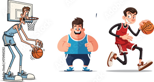 Funny cartoon basketball players illustration with tall skinny athlete, short chubby player, and confident dribbler character in sports uniform design.