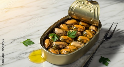 A can of tinned mussels in brine, garnished with parsley, placed on a marble surface. The mussels are a sustainable seafood option, rich in protein.