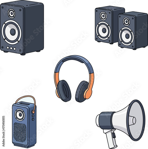 Vector art of collection of audio equipment icons, vector illustration on a transparent background