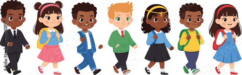 Colorful diverse cartoon children in school uniforms and casual clothes standing together with backpacks, representing education, friendship, learning, and multicultural community