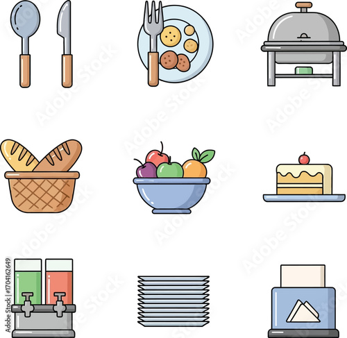 Illustration of buffet with food, fruits, bread, cake, plates, and juice on a transparent background
