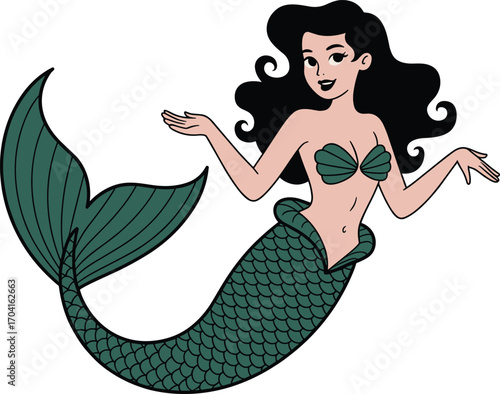 Beautiful cartoon mermaid illustration with long black hair, green fish tail and shell top, fantasy underwater character, mythical sea creature, vector art