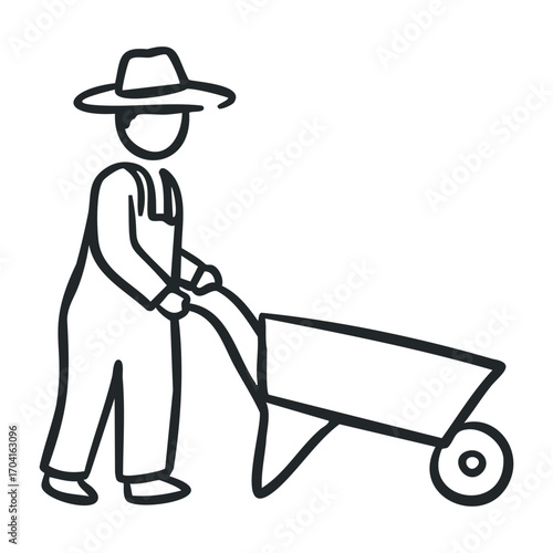 Gardening action farmer using wheelbarrow in field illustration outdoor side view sustainable agriculture concept. Vector illustration