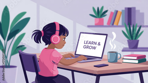 Online learning for kids girl with laptop and headphones education and growth at home study and learn
