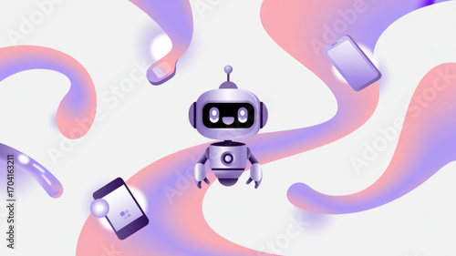Cute robot assistant ai chatbot with phones and abstract shapes for technology and innovation concept design
