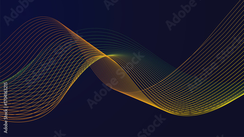 Abstract flowing wave of vibrant colors and digital patterns against a dark deep blue backdrop