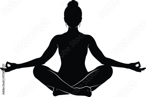 Silhouette of Woman Meditating in Lotus Position with Hands in Mudra Gesture for Yoga, Mindfulness, Relaxation, and Inner Peace Concept