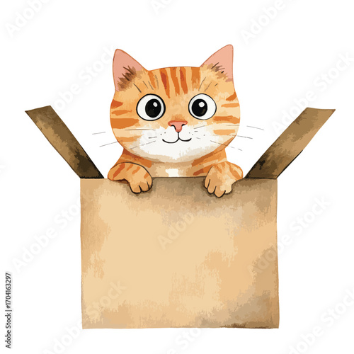 A Curious Orange Tabby Cat Peeking from a Cardboard Box