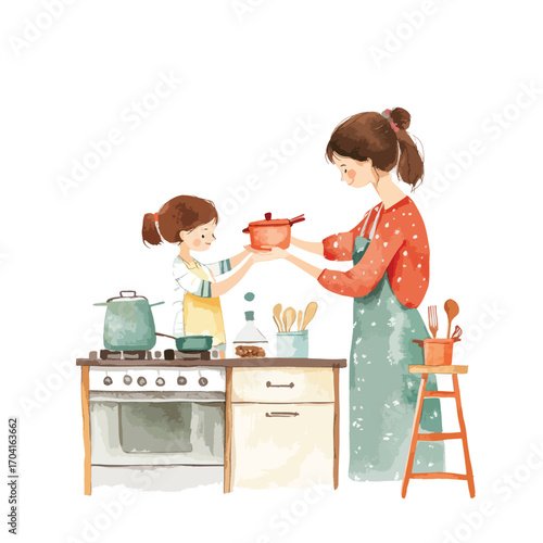 A Mother and Daughter Cooking Together in a Watercolor Kitchen