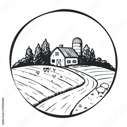 Scenic farm landscape with barn and fields rural setting black and white illustration serene environment. Vector illustration