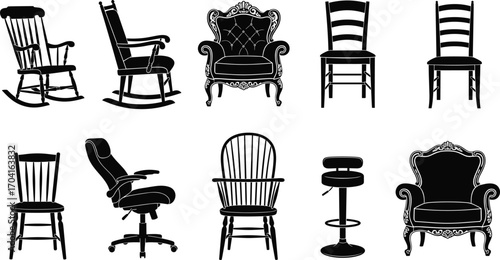 Vector Collection of Classic and Modern Chair Silhouettes Including Rocking Chairs, Armchairs, Office Chairs, Stools, and Wooden Chairs Design