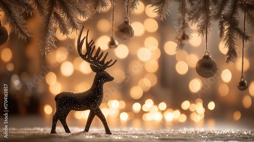 Black reindeer figurine with white spots and raised head positioned lower left, adorned with pine branches holding gold and silver ornamental balls against a blurred golden bokeh background, festive
