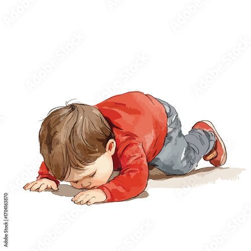A Young Child Resting Face Down on the Ground Red Shirt
