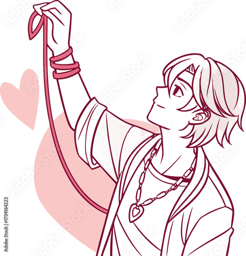 A handsome young man with short layered hair, parted in the middle, wearing a loose casual shirt | 運命の赤い糸２
