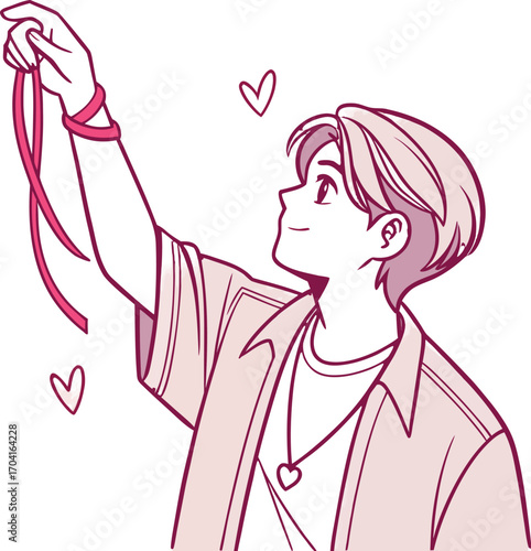 A handsome young man with short layered hair, parted in the middle, wearing a loose casual shirt | 運命の赤い糸２