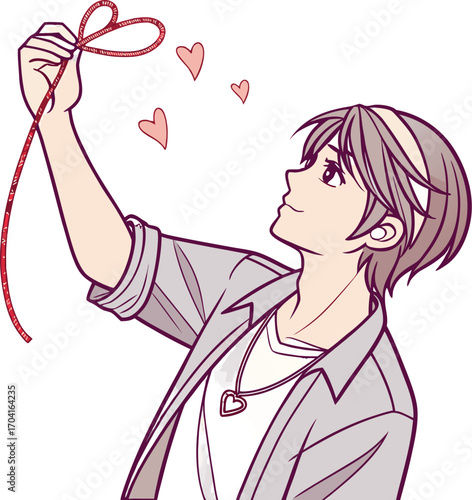A handsome young man with short layered hair, parted in the middle, wearing a loose casual shirt | 運命の赤い糸２