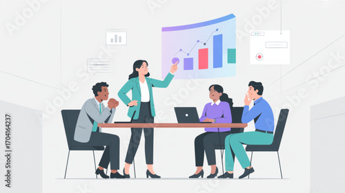 Business meeting presentation teamwork collaboration strategy analysis growth chart discussion vector art