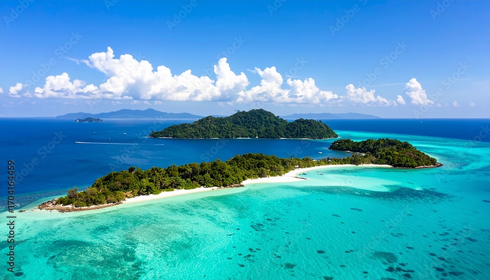 Fototapeta premium Aerial panorama of tropical islands with turquoise waters and lush greenery under a blue sky