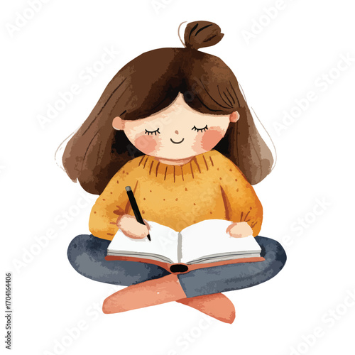 Adorable Cartoon Girl Writing in a Notebook with Closed Eyes and Smile