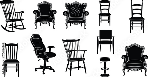 Vector Silhouettes of Various Chair Designs Including Rocking Chair, Office Chair, Antique Armchairs, Stools, and Classic Wooden Chairs Collection