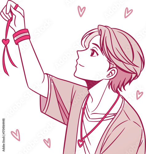 A handsome young man with short layered hair, parted in the middle, wearing a loose casual shirt | 運命の赤い糸２
