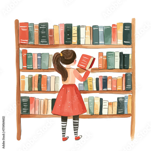 A Girl in a Library Browsing Colorful Bookshelves