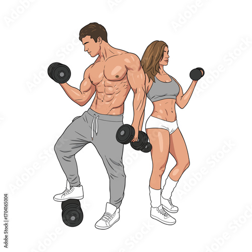 Athletic fitness couple in stylish gym clothes posing together with dumbbells, showcasing a healthy and active life. vector illustration