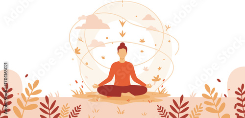 Serene person meditating in calm, abstract natural setting with warm earthy tones and flowing lines