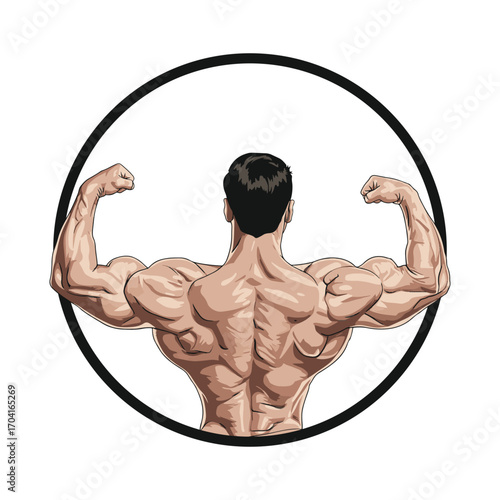 Circular icon or logo featuring the muscular back of a bodybuilder flexing, perfect for a gym or fitness brand. vector illustration
