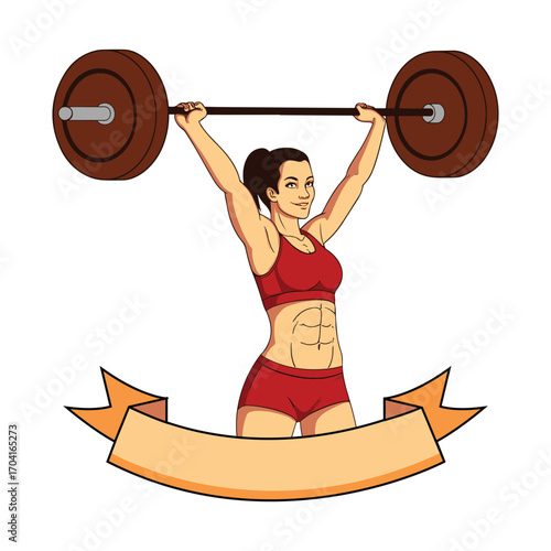 Powerful woman with toned abs lifting a heavy barbell overhead, with a blank ribbon for custom gym or event text. vector illustration