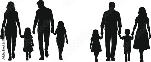 Silhouette of Two Families Walking Together Holding Hands, Vector Illustration of Parenthood, Unity, Love, and Togetherness in Lifestyle Concept
