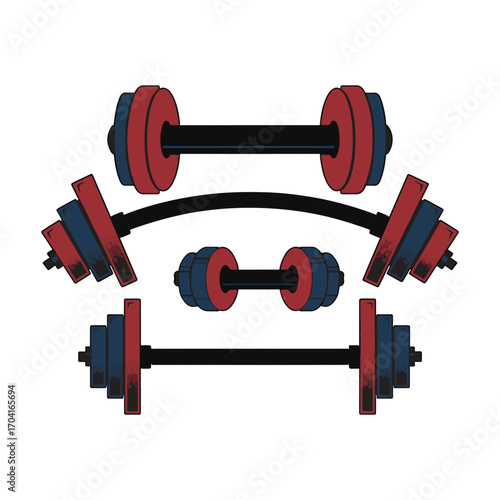 A collection of heavy-duty barbells and dumbbells with red and blue plates, designed for serious strength training. vector illustration
