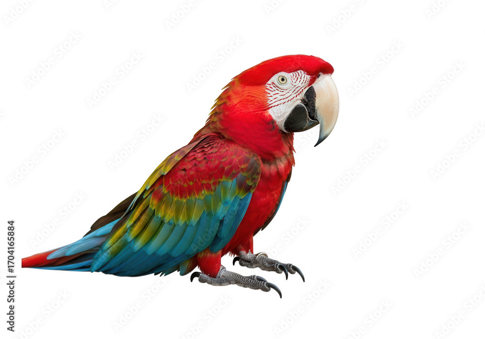 Obraz premium Vibrant green winged macaw parrot perched gracefully isolated on transparent background