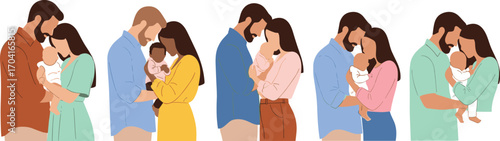Happy parents holding newborn babies in loving embrace, diverse couples bonding with infants, family love and parenthood vector illustration