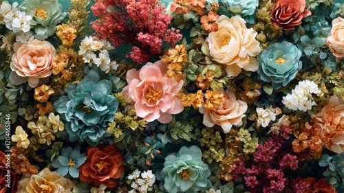 Artificial floral wall with colorful vintage style flowers arranged as decorative background, elegant retro botanical design for wallpaper, interior decoration, and creative backdrop themes