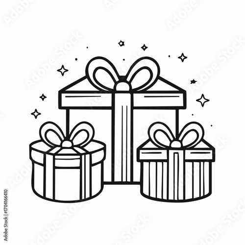 Charming black and white illustration of three stylized gift boxes with decorative bows and subtle sparkles, evoking the joy and anticipation of celebrations and special moments
