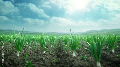 Green onion field under sunny sky