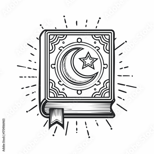 Islamic Holy Book Illustration Crescent Moon and Star Symbol, Decorative Design