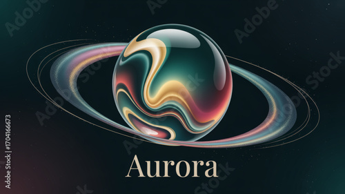 Abstract aurora planet with rings illustration for space exploration and science fiction concepts design