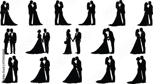 Elegant bride and groom silhouette with wedding dress and tuxedo, romantic couple illustration for marriage, love, and wedding designs